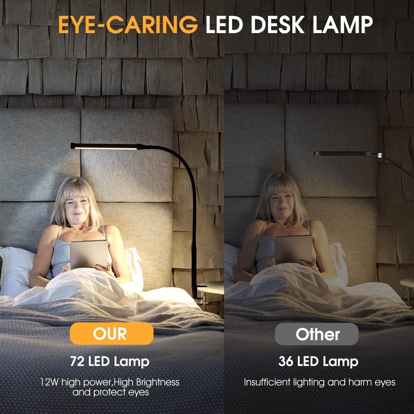 Voncerus LED Desk Lamp - Eye-Caring Clip-On Light with 3 Modes & 10 Brightness Levels | Flexible Goose-Neck, Black