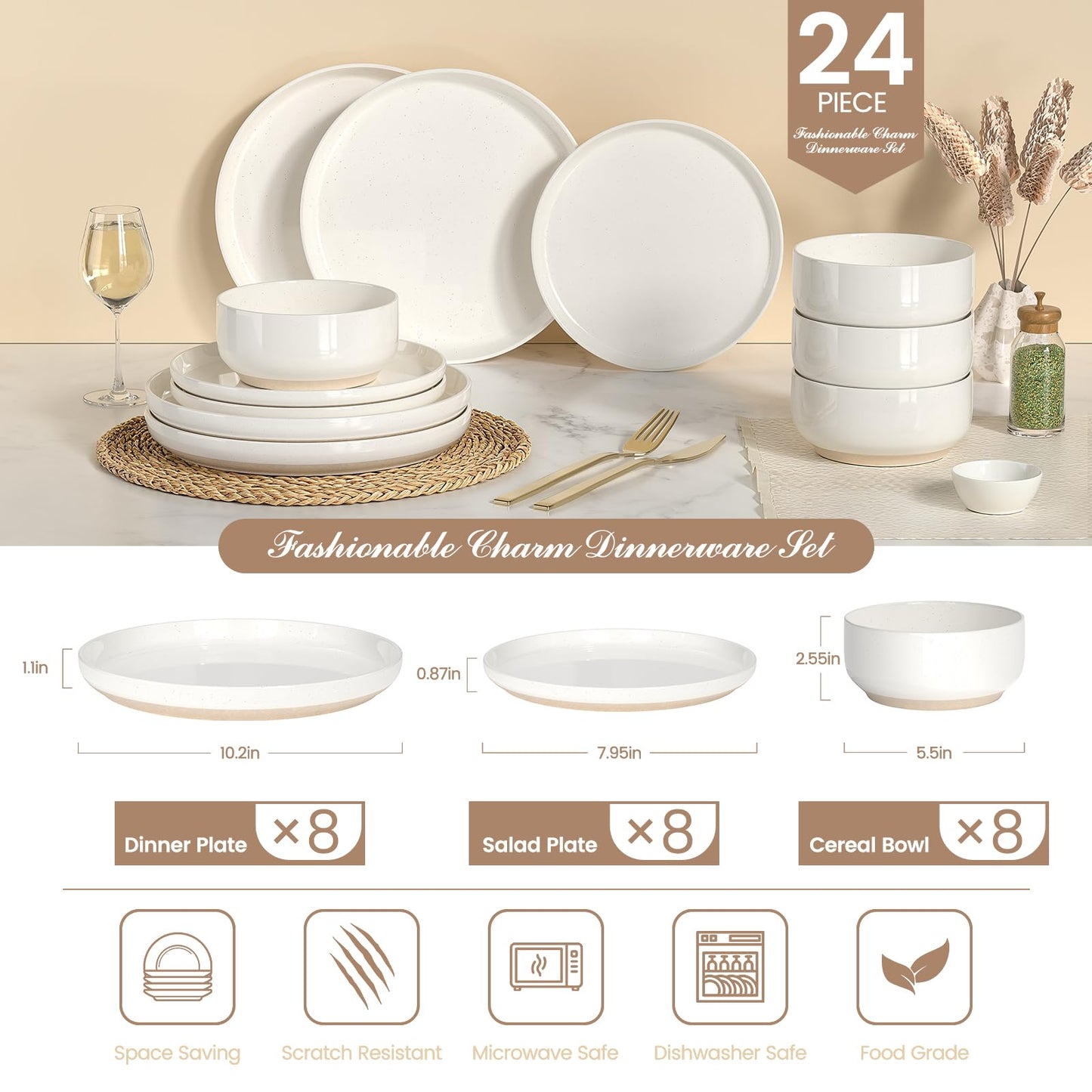 Plates and Bowls Sets, Scratch Resistant Dinnerware Sets for 8, 24 Pieces Porcelain Ceramic Dishware Dishes Set, Modern Stoneware Kitchen Dinner Set, Microwave and Dishwasher Safe, Cream White