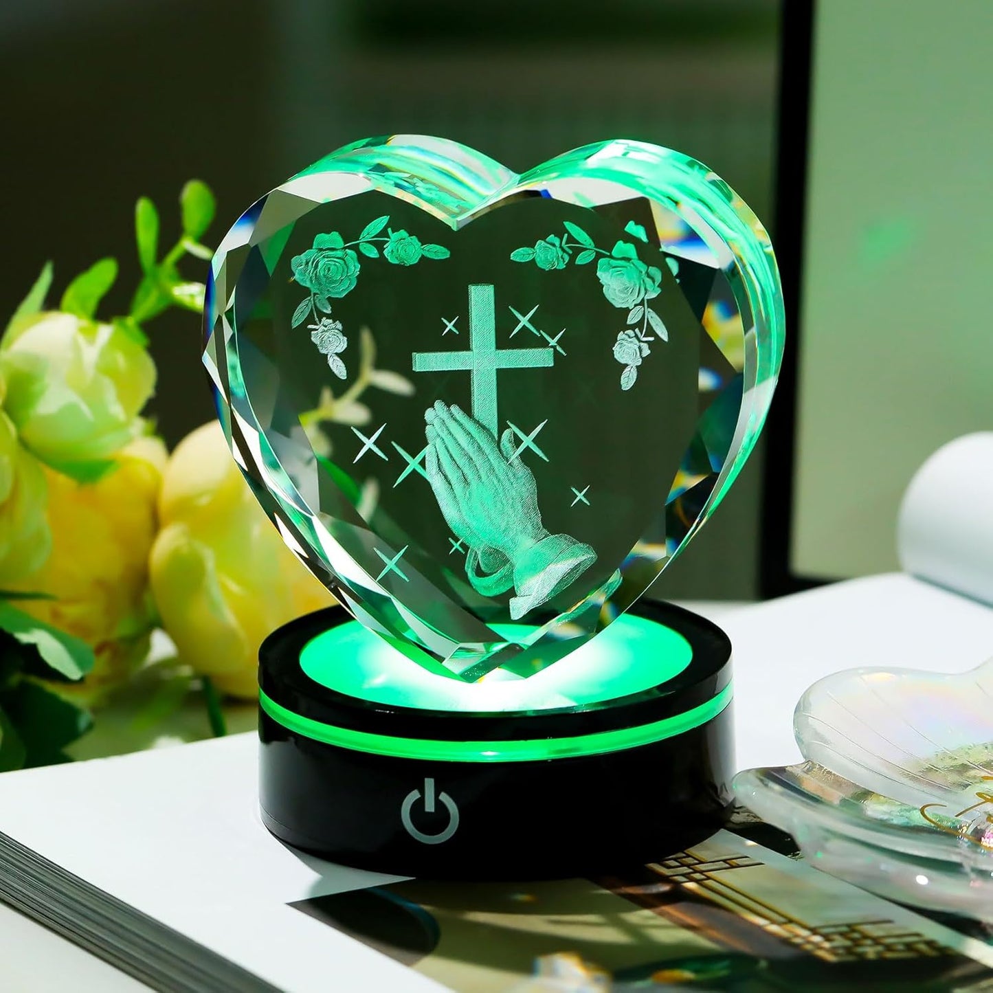 Ornalrist Crystal Heart 3D Praying Hands | Colorful LED Base | Religious Gift for Men & Women