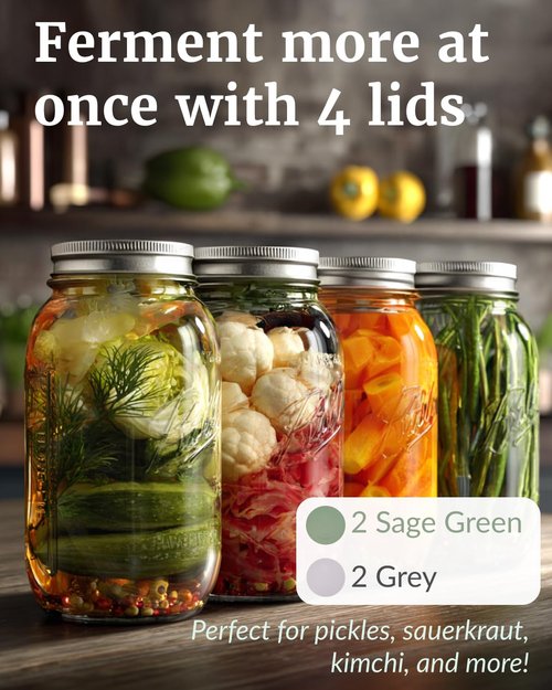 Elementi Mason Jar Fermentation Lids - Set of 4 Easy Grip Silicone Airlock Lids for Wide Mouth Mason Jars – Sauerkraut & Pickling Fermentation Kit – Self Burping Airlocks for Fermenting Kit