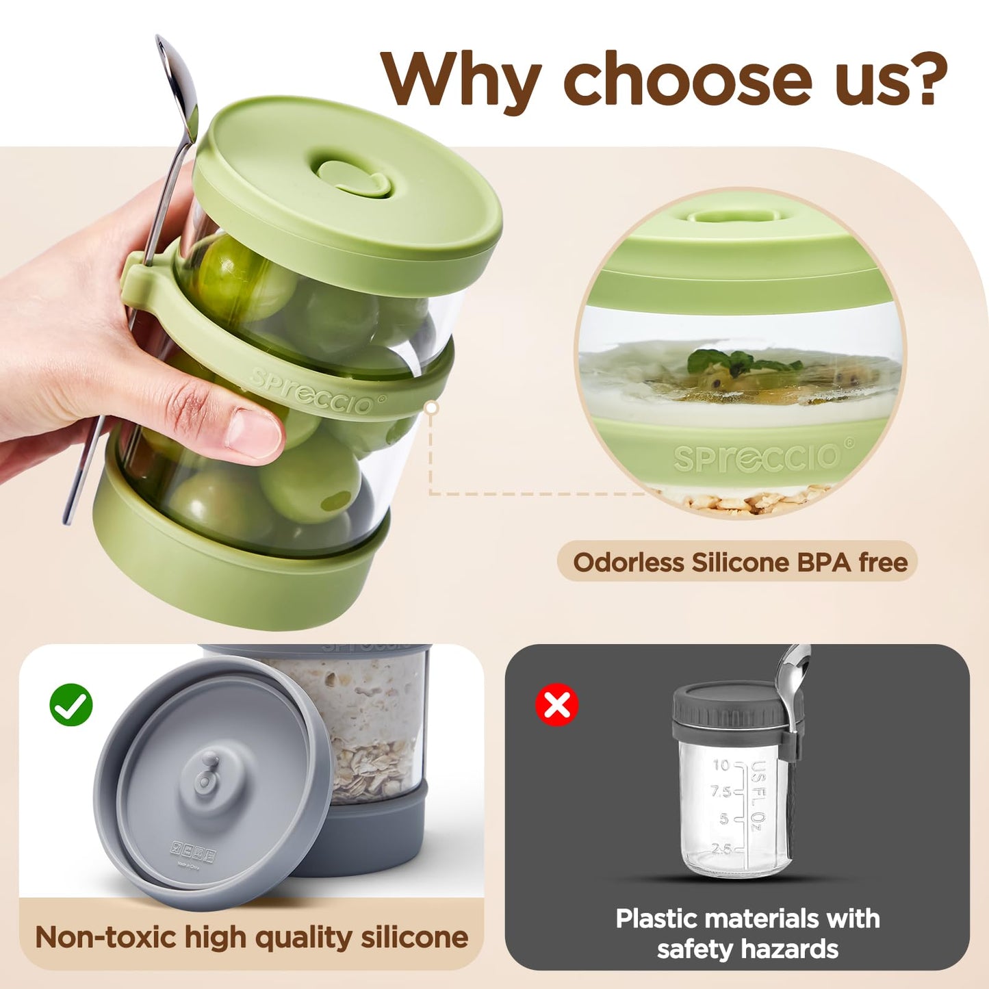 Spreccio Glass Overnight Oats Containers with Lids of Silicone and Spoon 16 oz [2 Pack], Airtight Overnight Oats Jars with Silicone Lid, For Yogurt Containers Chia Pudding Jars Snack Spice (Green)