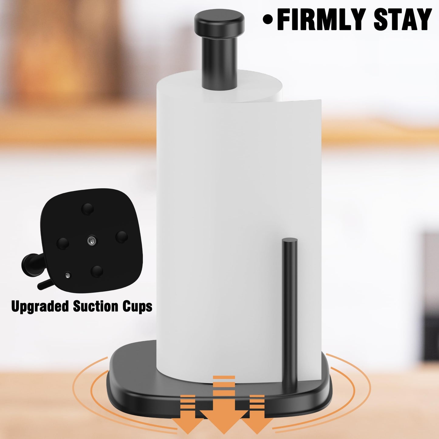 MIROAMZ Paper Towel Holder Countertop, Stainless Steel Paper Roll Holder with Weighted Base Suction Cups, One-Handed Operation Standing Paper Towel Holder for Kitchen Bathroom (Matte Black)