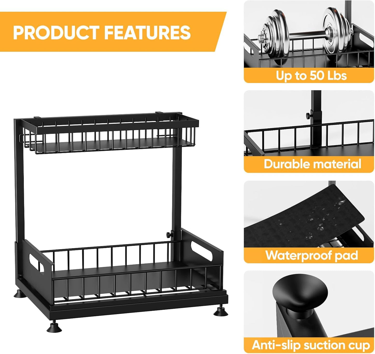 Saydear Under Sink Organizer - 2-Tier Premium Metal Pull-Out Storage with Sliding Drawer | Adjustable Height, Heavy Duty, Black (2 Pack)