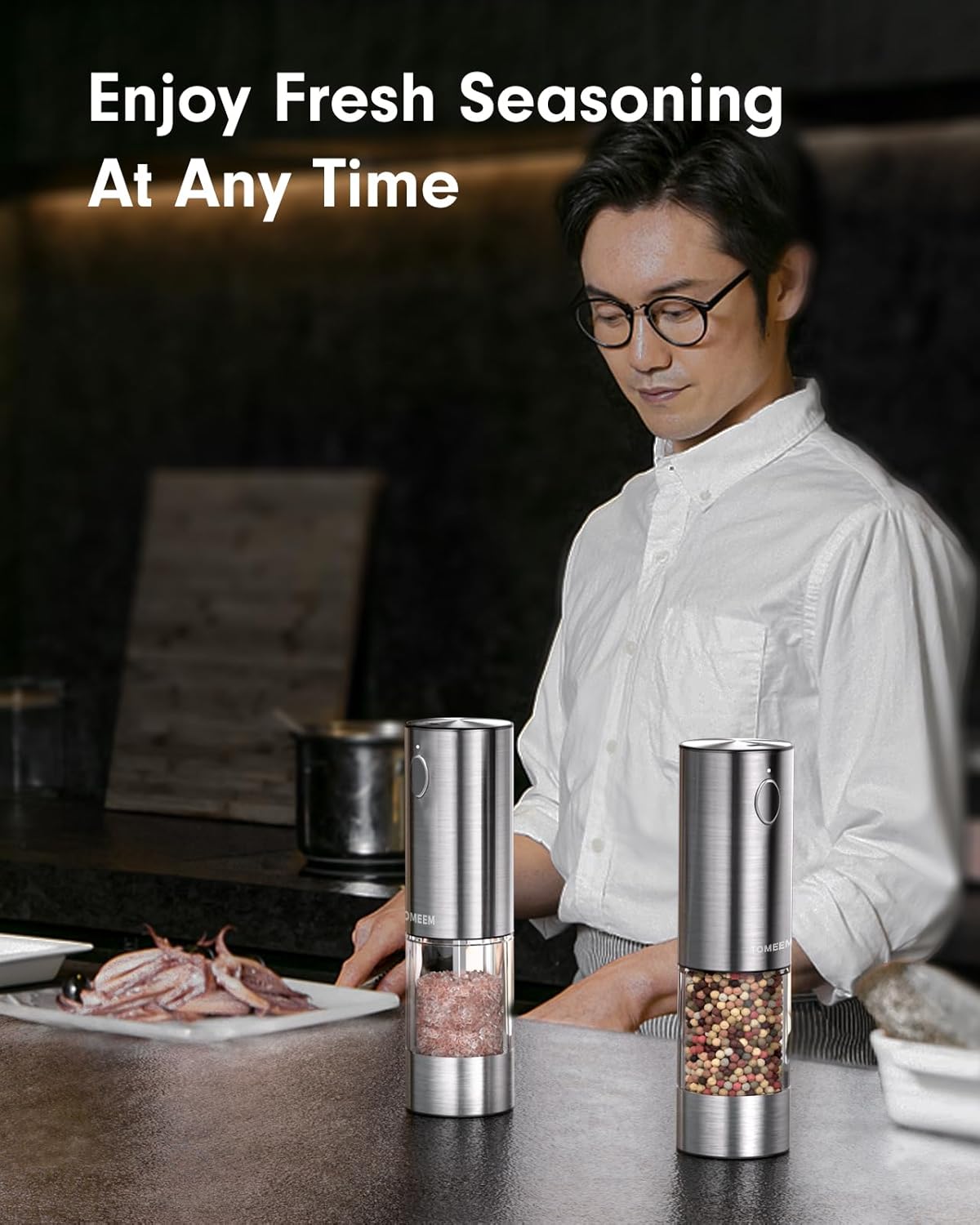 TOMEEM Electric Salt and Pepper Grinder Set - Rechargeable, Stainless Steel with LED Lights | 5 Adjustable Coarseness