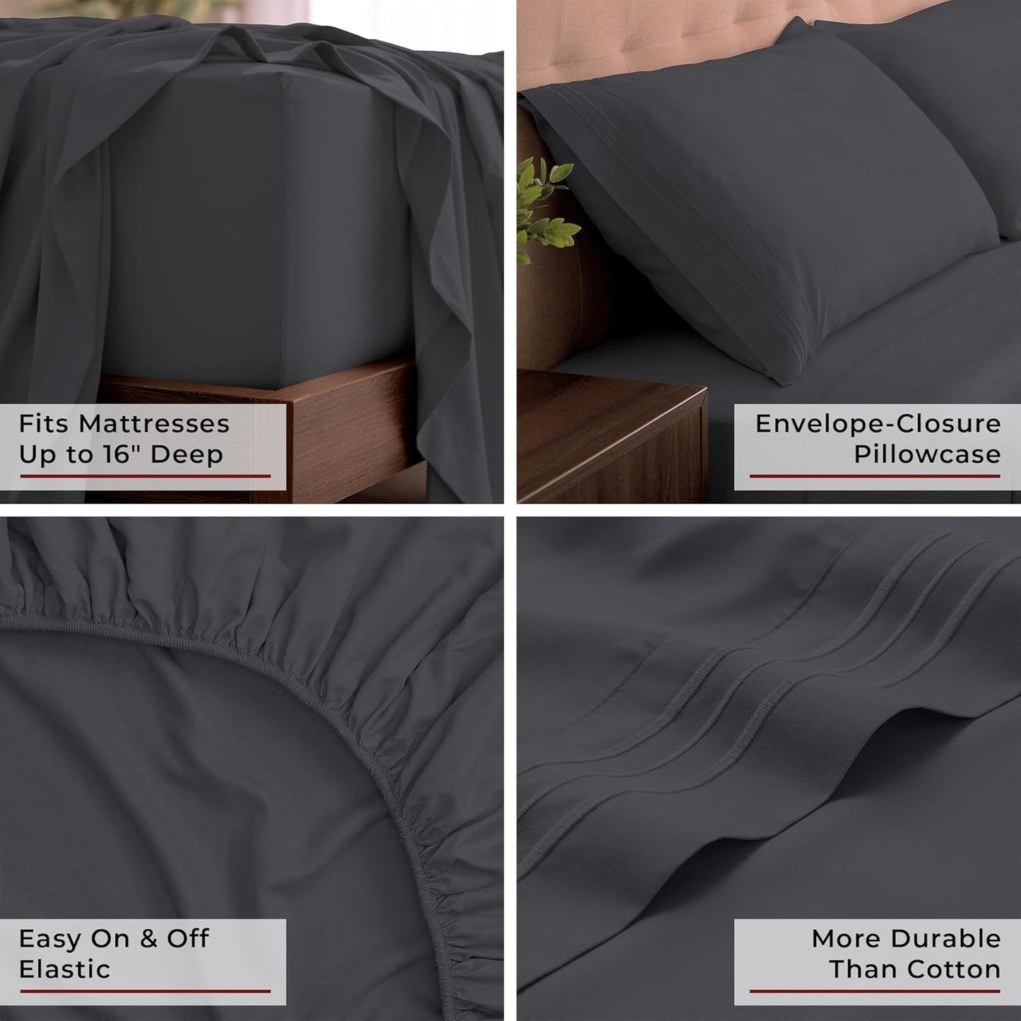 Mellanni California King Sheets Set - 4 PC Luxury Bedding - Extra Soft, Cooling, Wrinkle-Resistant | Charcoal