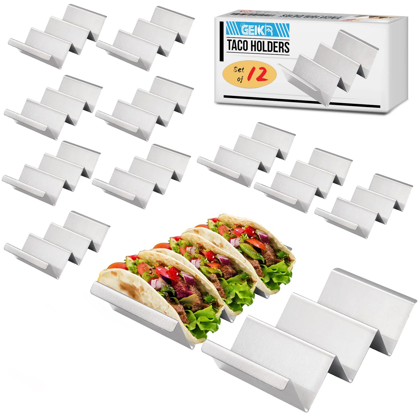GEIKR Stainless Steel Taco Holders Set of 12 - Each Metal Taco Stands for 3 Tacos - Taco Rack with Handles - Stylish Taco Shell Holders - Oven & Dishwasher & Grill Safe Taco Trays