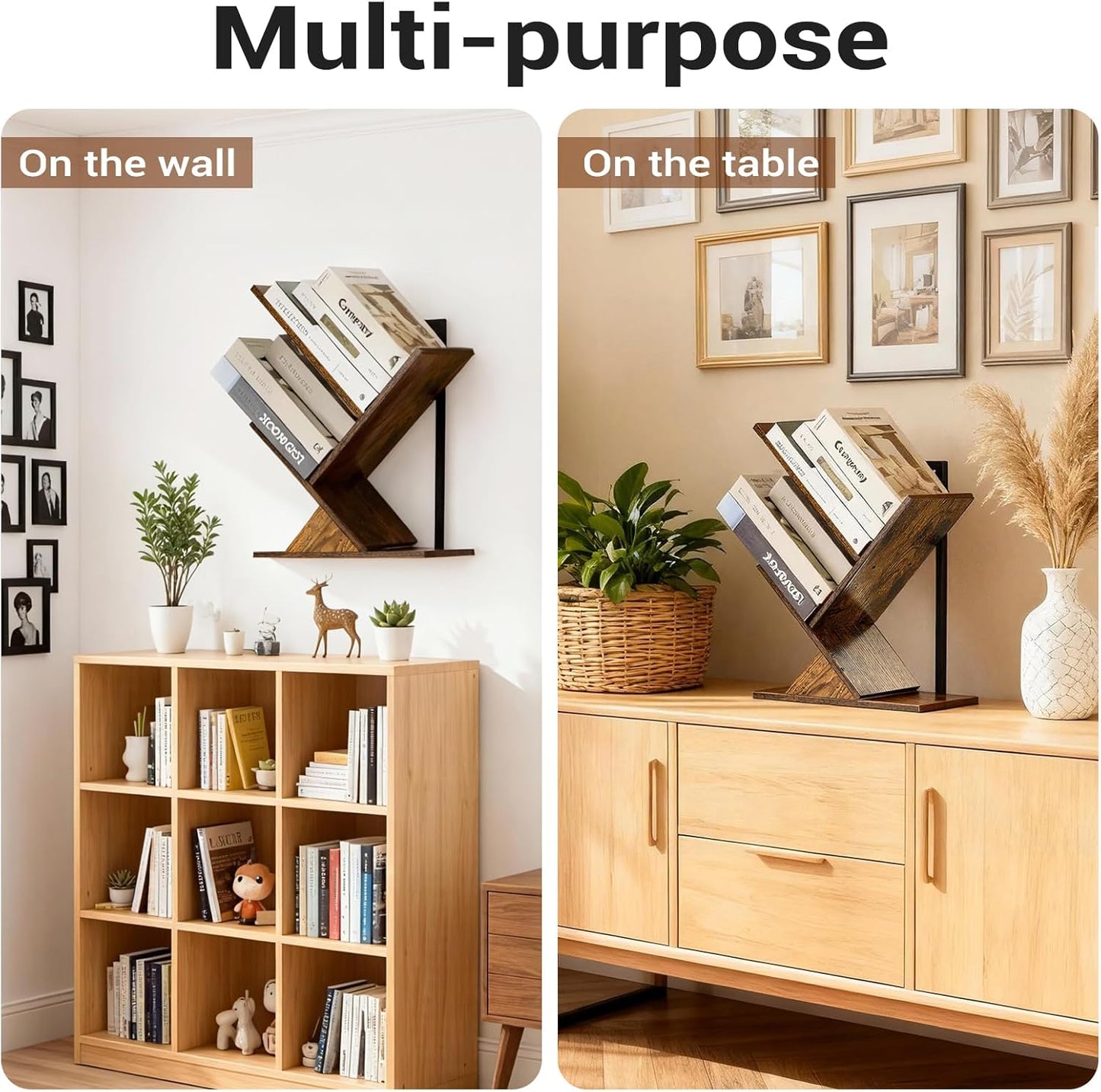 Rustic Brown & Black 3-Tier Tree Book Shelves | Unique Wall-Mounted Floating Bookshelf Organizer