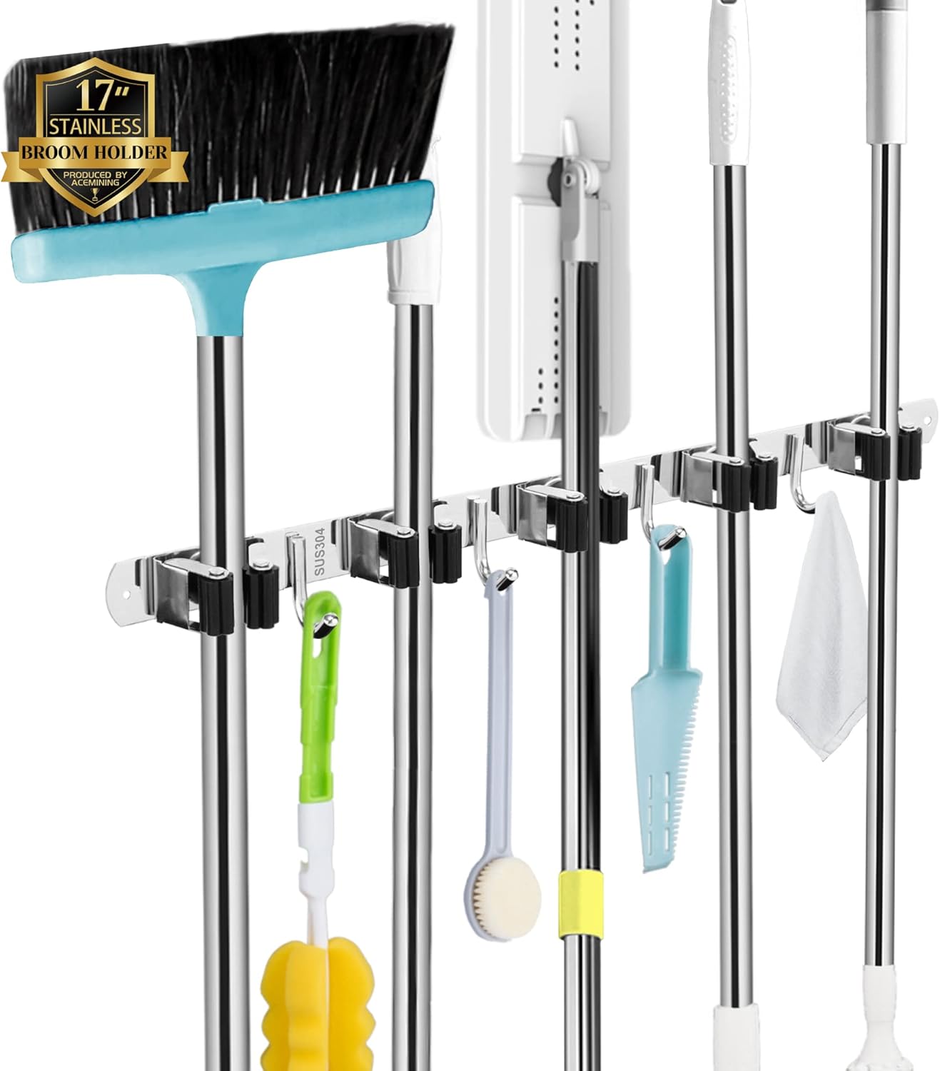 Skiennix Wall Mounted Broom and Mop Holder - Heavy Duty 5 Racks & 4 Hooks | Stainless Steel, Black