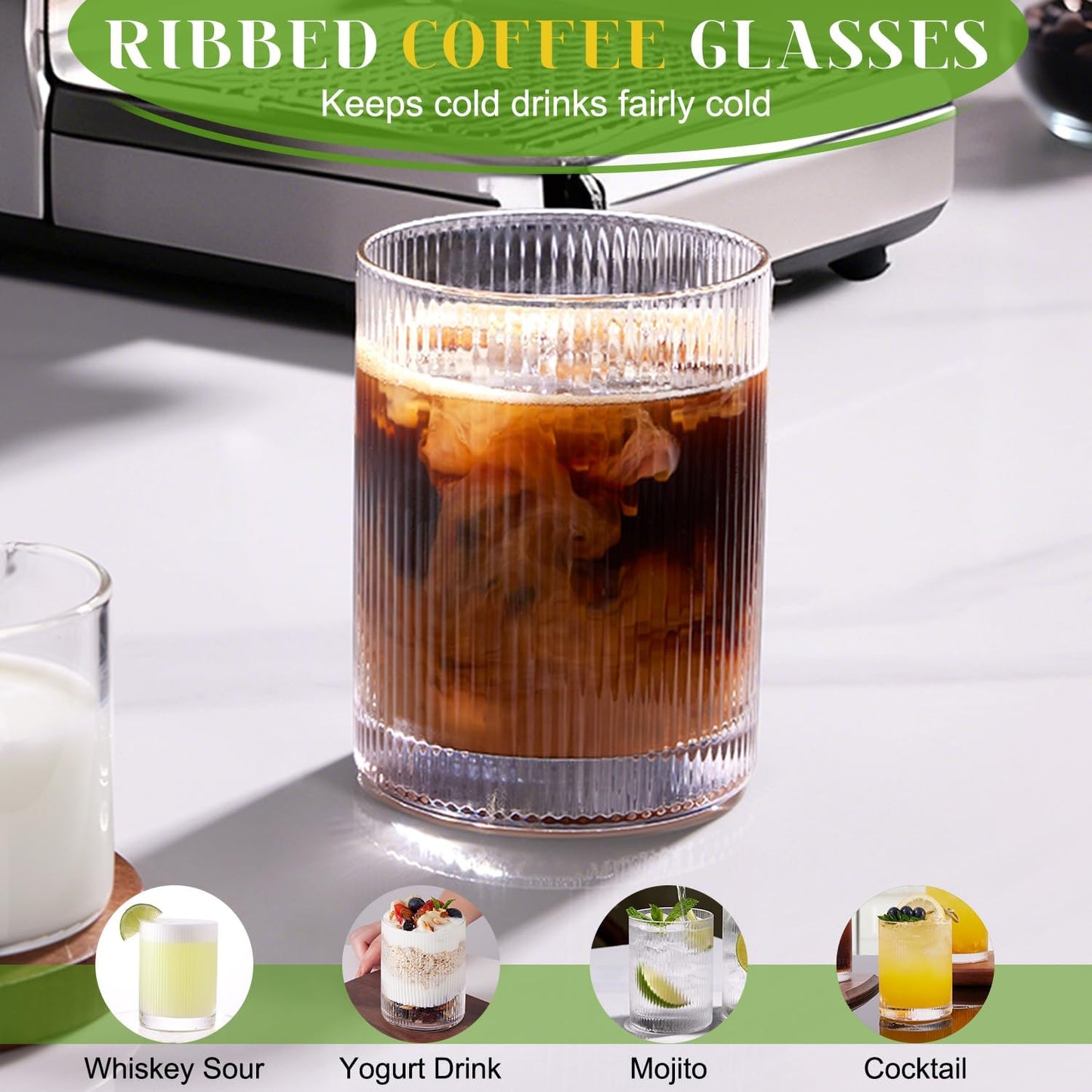 LUNA & MANTHA Drinking Water Glasses Set, Lead-Free Crystal Highball Glass, Tall Glass Cups for Cocktail Parties,ribbed set of 8,17oz&12oz
