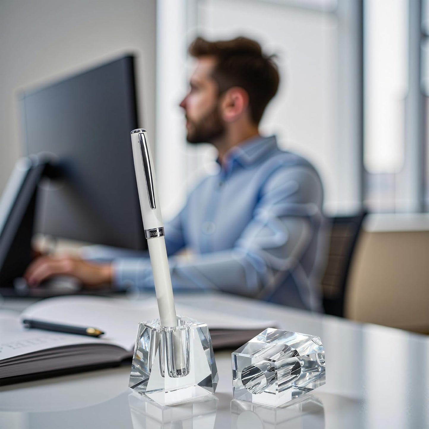 QFkris Crystal Pen Holder - Elegant 1.8" Glass Fountain Pen Stand for Desk | Perfect Gift for Students & Professionals