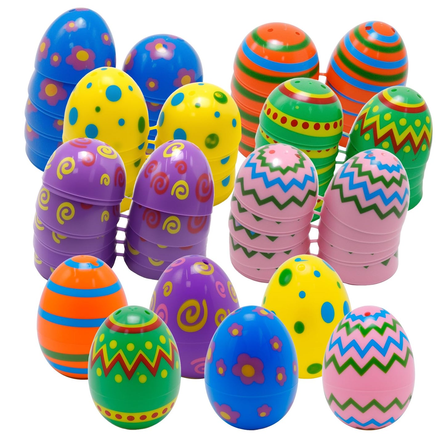Newnessai 72 Pcs Plastic Printed Easter Eggs, 2.4inch Empty Fillable Colorful Plastic Eggs, for Party Favor, Suitable for Easter parties and egg hunts, Basket Stuffers Filler