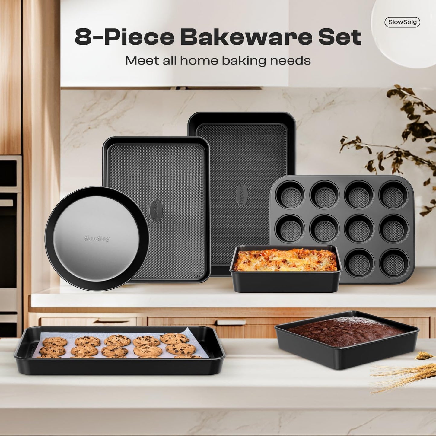 Skiennix 12-Piece Nonstick Bakeware Set - Stackable, Non-Toxic Baking Pans with Rack & Utensils | Black