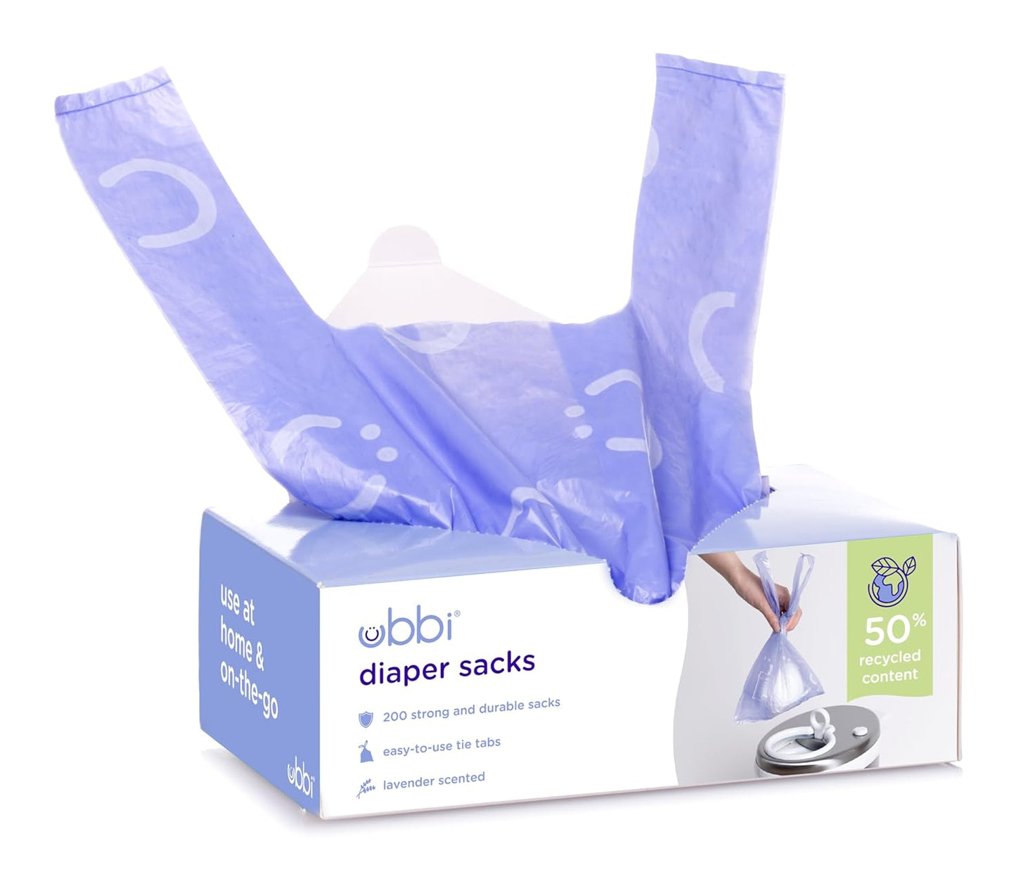 Ubbi Disposable Diaper Sacks - Lavender Scented, Easy-To-Tie Tabs | 200 Count Diaper Disposal Bags