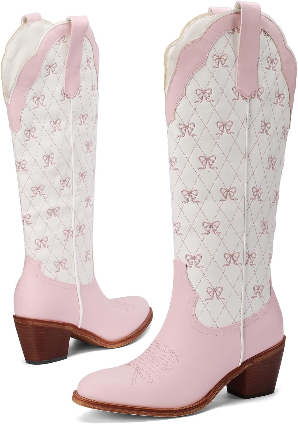 Skiennix Cowboy Boots - Embroidered Knee High Cowgirl Boots with Chunky Heel & Pearl Detail | Perfect for Dressy Parties
