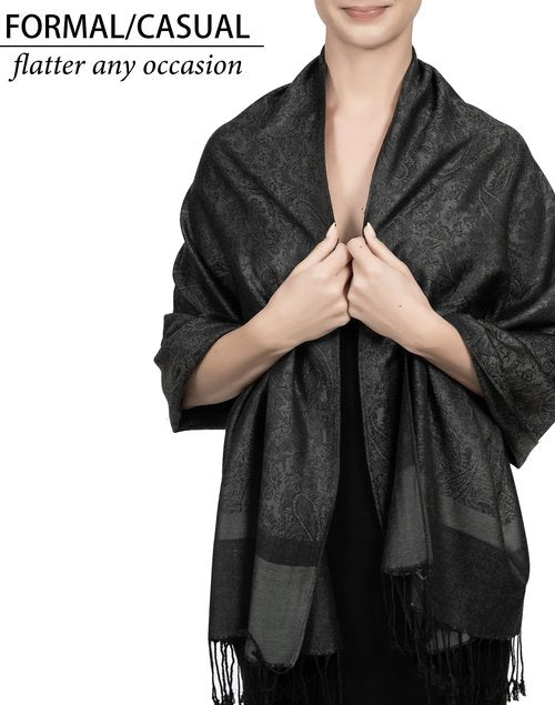 Achillea Women's Two Tone Vintage Jacquard Paisley Pashmina Shawl Wrap Scarf (Charcoal Gray)