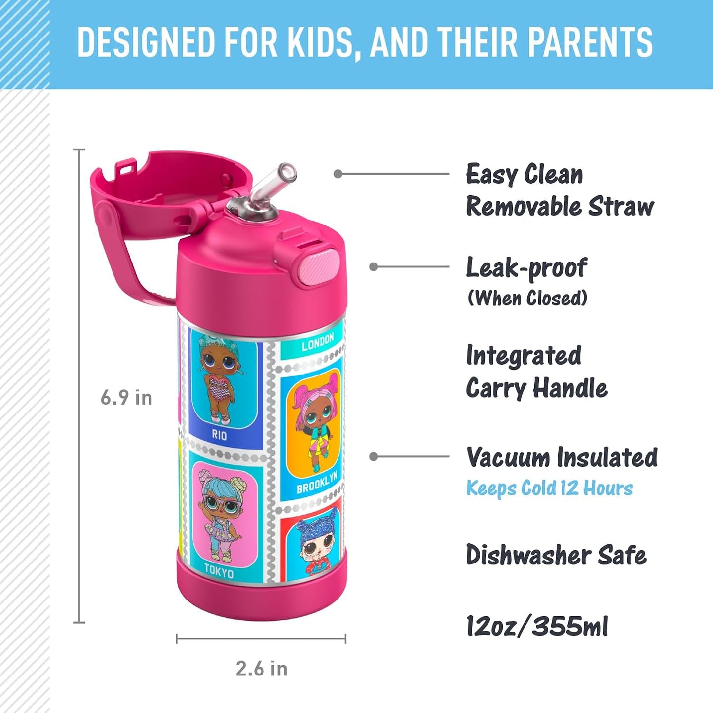 THERMOS FUNTAINER Water Bottle - 12 Ounce Kids Stainless Steel Vacuum Insulated with Straw | L.O.L. Surprise