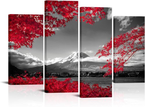 Fochorlo Canvas Wall Art Set - Large 4-Piece Japan Fuji Mountain Prints with Maple Leaves | Modern Red Decor for Bedroom & Office