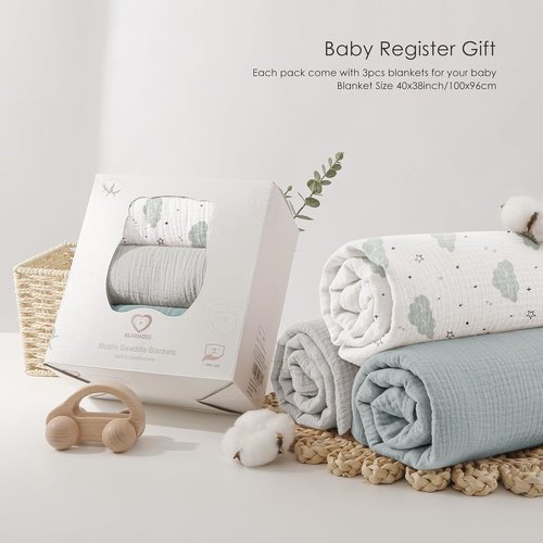 Bearmoss Muslin Swaddle Blankets - Soft & Breathable Baby Blankets | 3 Pack, 40 x 38 Inches, Cloud Design