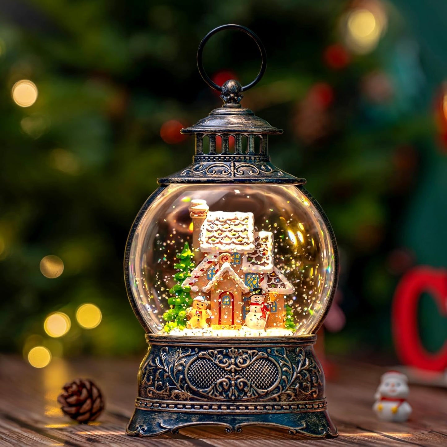 Skiennix Christmas Snow Globe - Gingerbread Man & Snowman Water Lantern with Music & 6H Timer