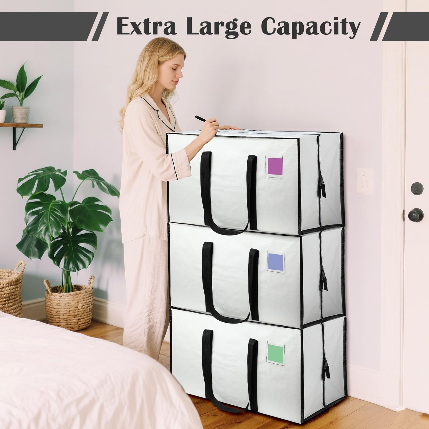 RMOHRO 12 Pack Moving Bags with Full-Open Side Zipper, Extra Large 93L Heavy Duty Waterproof Foldable Storage Totes for College Dorm, Moving & Home Organization,White