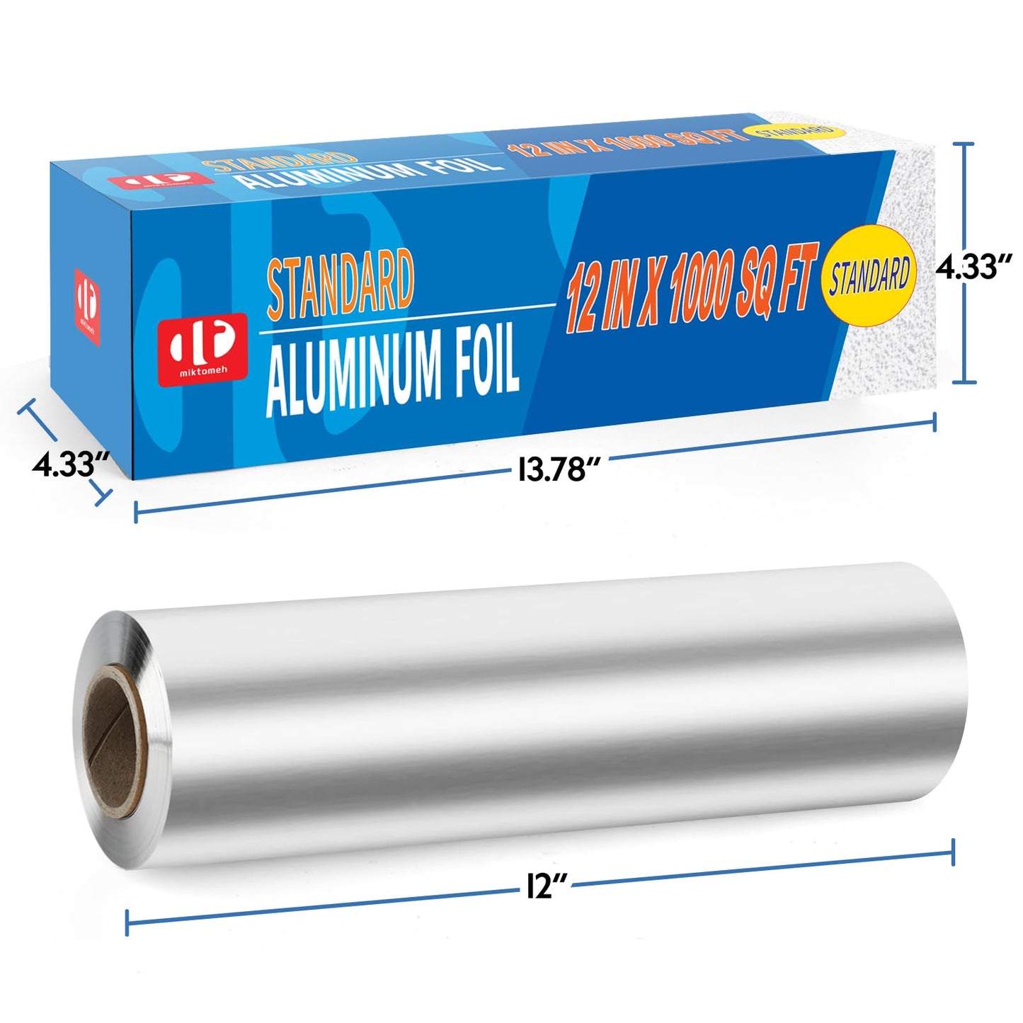 Miktomeh Standard Aluminum Foil 12" x 1000 Sq Ft - for Grilling, Baking & Cooking, Food Storage & Preservation, Commercial Use