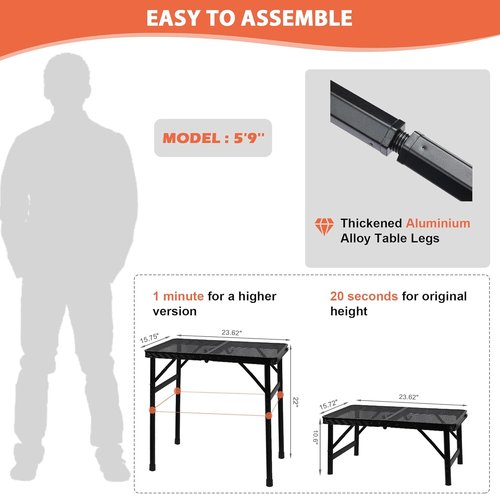 GREGIN Lightweight Portable Camping Table - Mesh Desktop, Height Adjustable, 2 FT Black for BBQ & Picnic