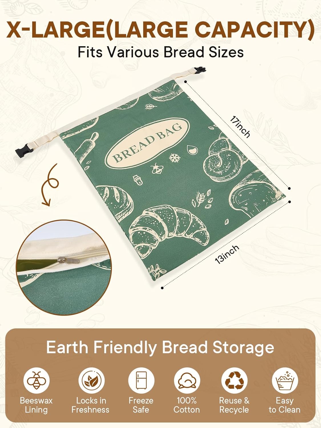 Skiennix Reusable Beeswax Bread Bags - 2 Pack Large 17x13 Inch for Homemade Bread | Freezer Safe Storage