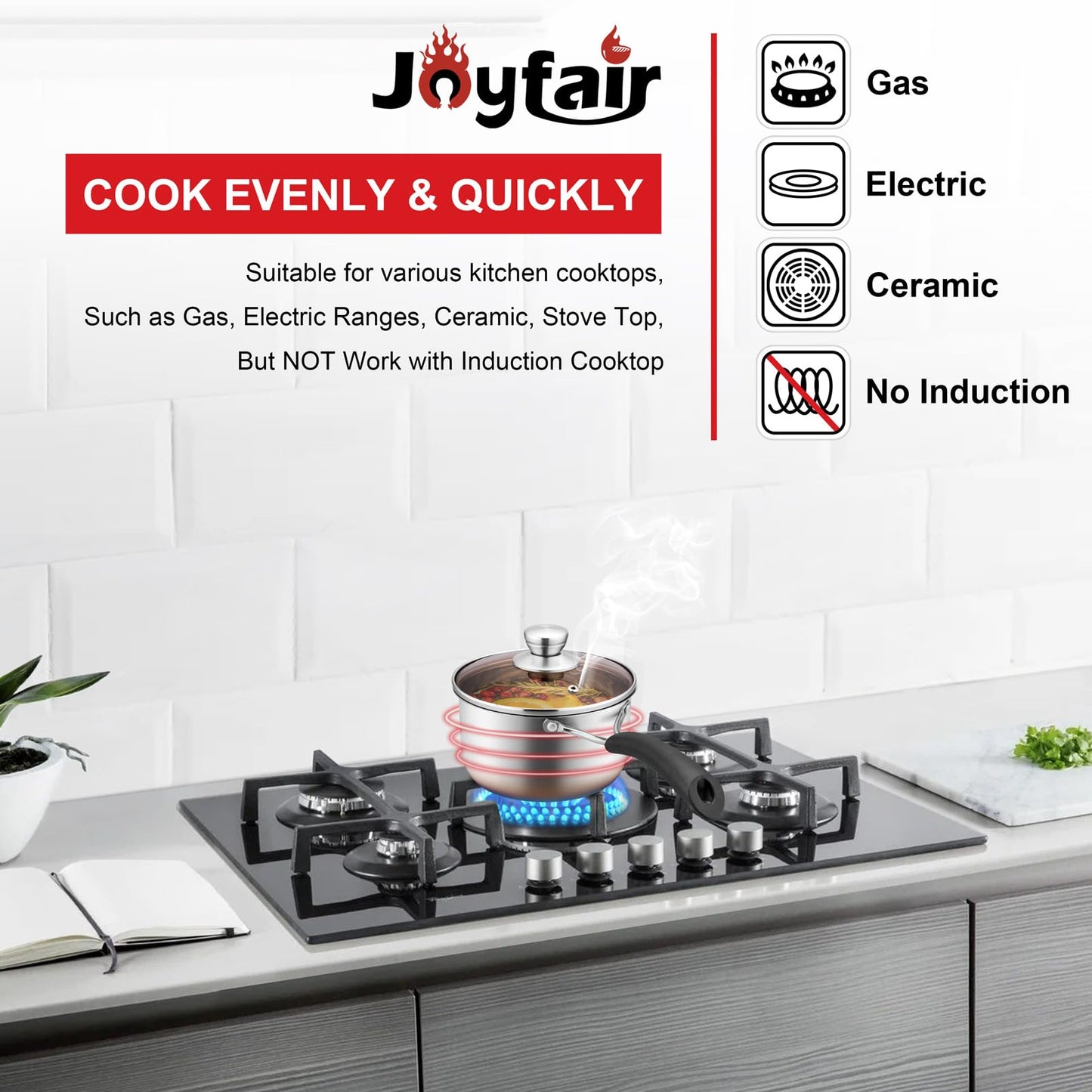 1 Quarts 18/10 Stainless Steel Saucepan, Joyfair Small Sauce Pan Milk Pot with Glass Lid for Cooking Stewing Boiling Spaghetti Soup, Extra Pan Wall & Heat-proof Bakelite Handle, Dishwasher Safe