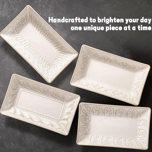 Artena Ceramic Rectangle Plates Set of 4 | Deep Lipped Edges for Appetizers & Desserts - Microwave/Oven Safe, Floral Design