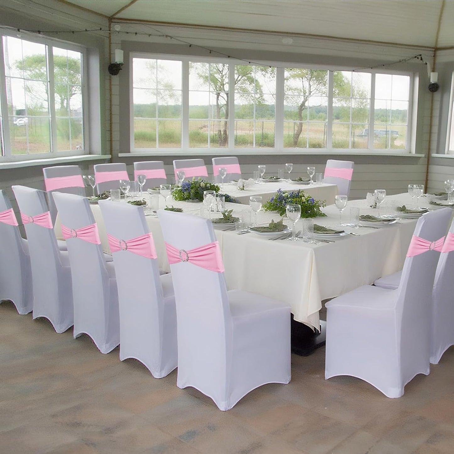 Skiennix Spandex Stretch Chair Sashes - 150 Pack Elastic Covers with Buckle Slider for Weddings & Events | Pink