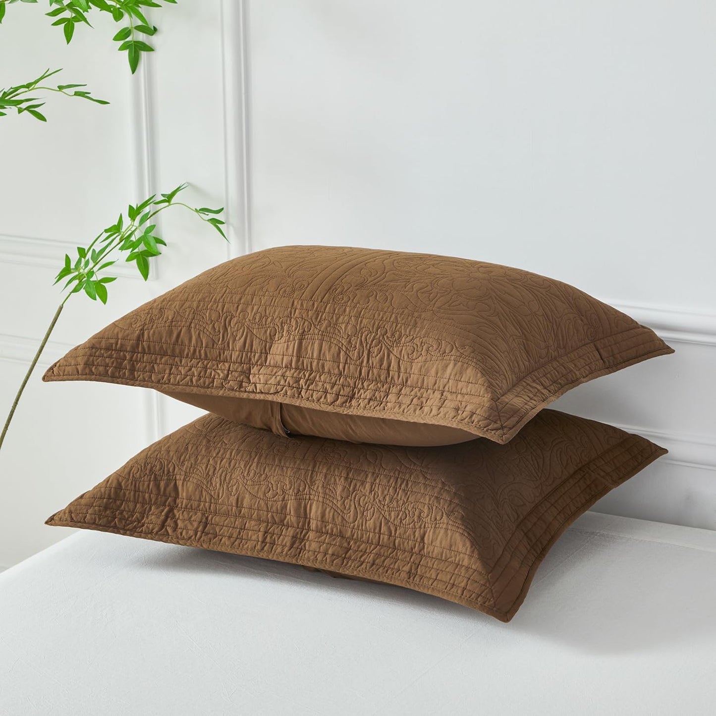 WINLIFE 100% Cotton Quilted Pillow Sham Floral Printed Pillow Cover Set of 2 (Standard Size, Coffee)
