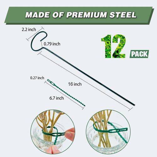 Joyhalo 16-Inch Plant Support Stakes - 12 Pack with 24 Twist Ties for Peonies, Tomatoes & More