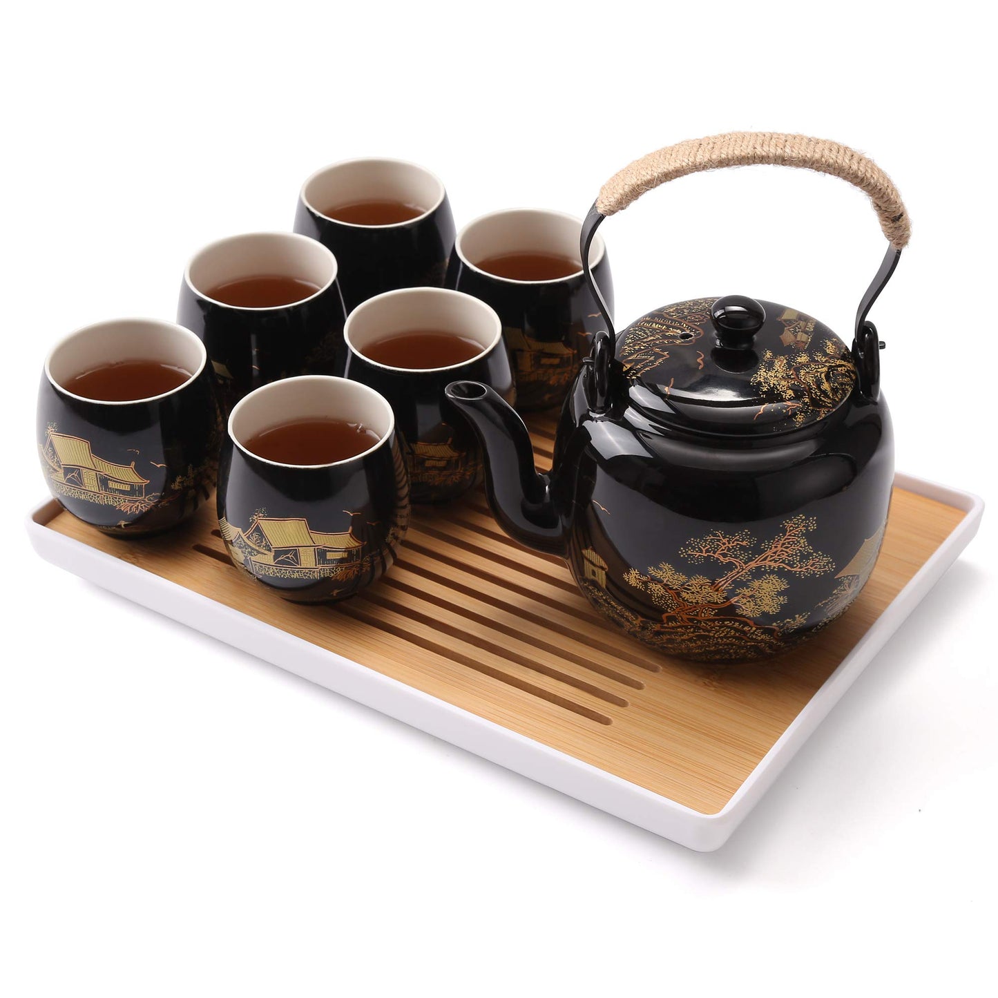 Dujust Japanese Tea Set, Black Porcelain Tea Set with 1 Teapot Set, 6 Tea Cups, 1 Tea Tray, 1 Stainless Infuser, Beautiful Asian Tea Sets for Adults, Tea Lover/Women/Men (Countryside in Golden)