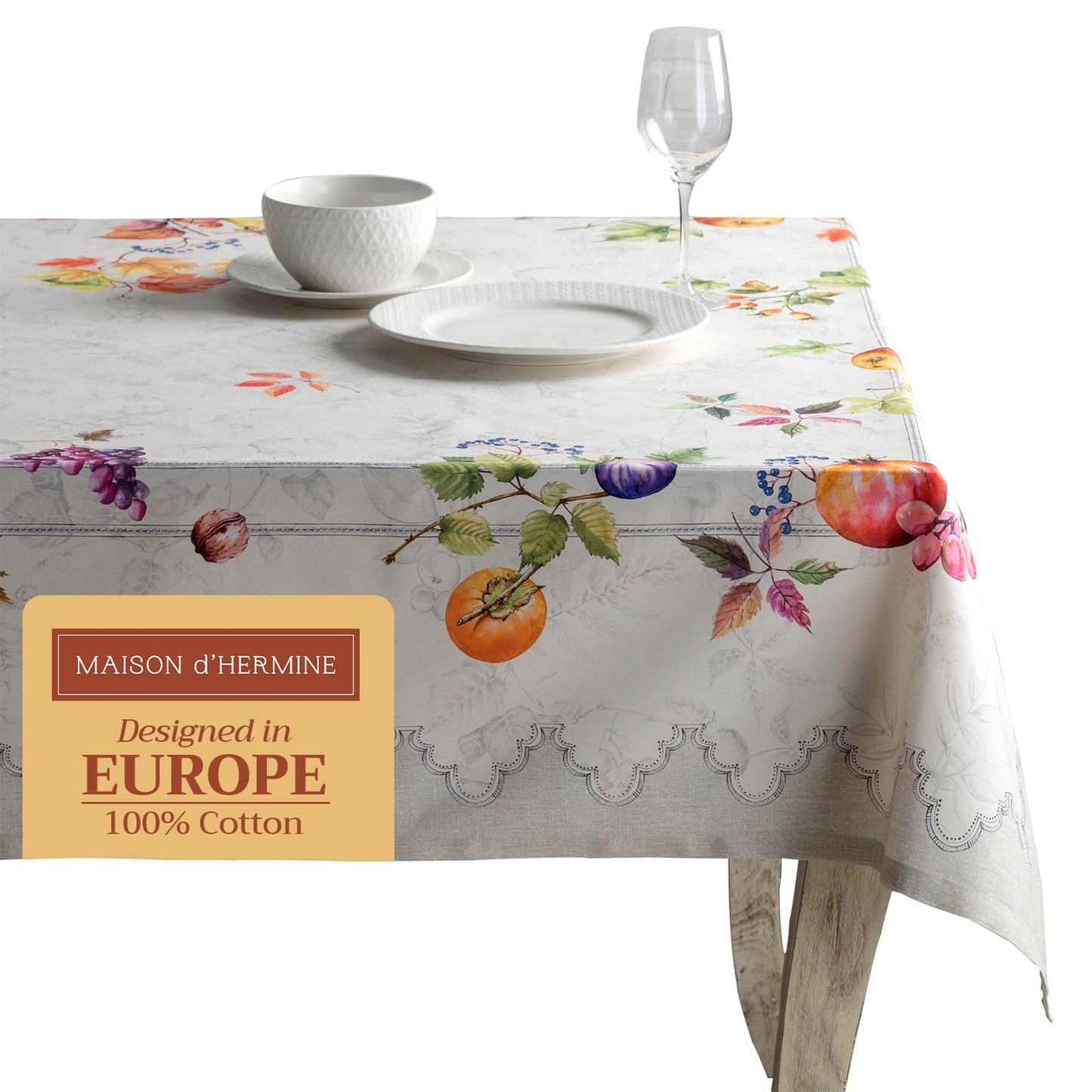 Maison d' Hermine Table Cloth Rectangle Table 100% Cotton 54 x 72 Inches Fall Tablecloth Reusable Everyday Use for Thanksgiving Christmas Decorations Dining Farmhouse Party (Fruit D'Hiver)