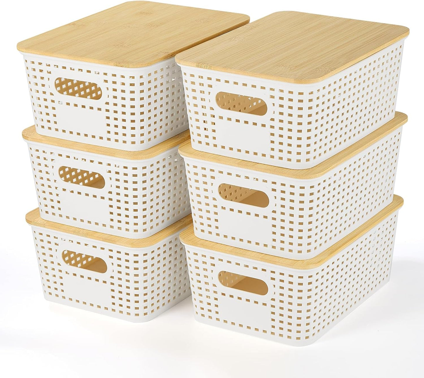 Ohmlove Plastic Storage Baskets - Stackable Containers with Bamboo Lid for Organizing | 6 Pack