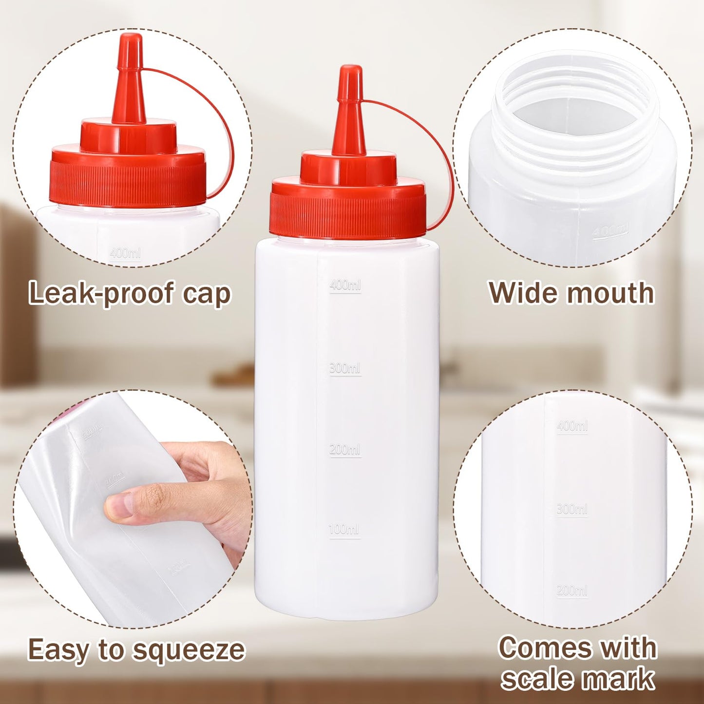 Katfort Squirt Bottles for Sauces Ketchup Bottles Squeeze, 2 Pack 12oz Condiment Squeeze Bottles for Liquids BBQ Dressing Pancake Art, Plastic Sauce Bottle with Cap Lid