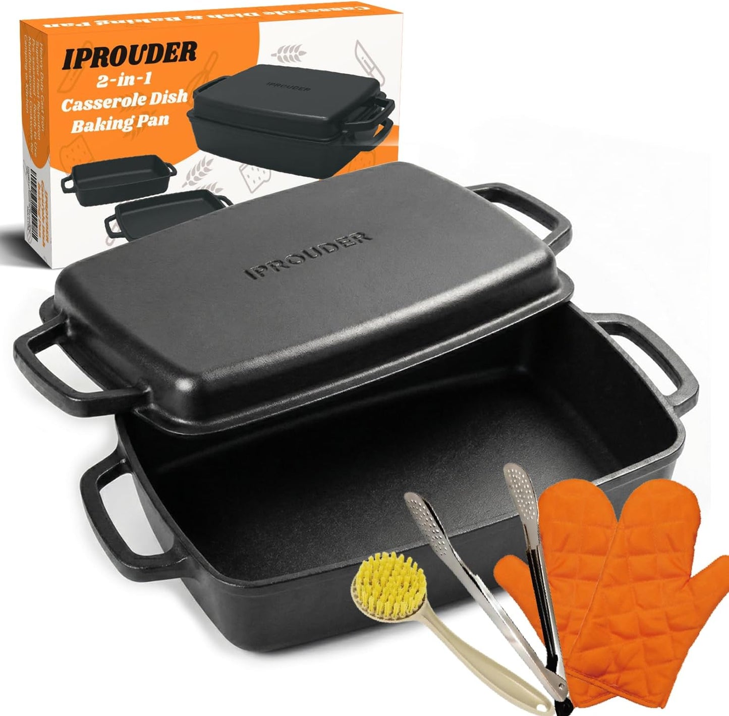 Skiennix 2-in-1 Pre-Seasoned Cast Iron Casserole Dish - Rectangular Dutch Oven, 13"x9" Baking Pan for Lasagna & Sourdough Bread