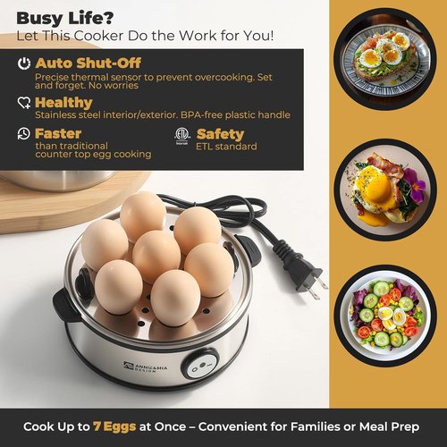 Annie & Mia Design Electric Egg Cooker - Stainless Steel 7-Egg Capacity | Multi-Function Auto Shut-Off