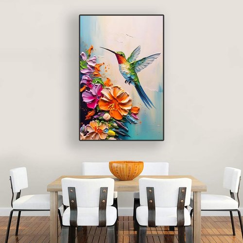 **Regine Switzerland Hummingbird Wall Art - Colorful Spring Flowers Canvas Print | 16x24 in Stretched Frame**