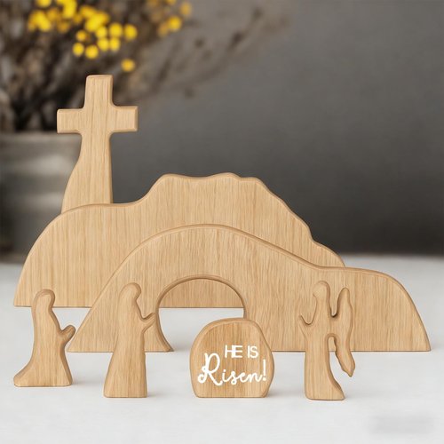 Empty Tomb Easter Scene and Cross Christian Decoration, Wooden Easter Jesus Resurrection Scene with Cross for Tray, Jesus Nativity Set for Religious Decorations, Home Office Mantel Christian Decor