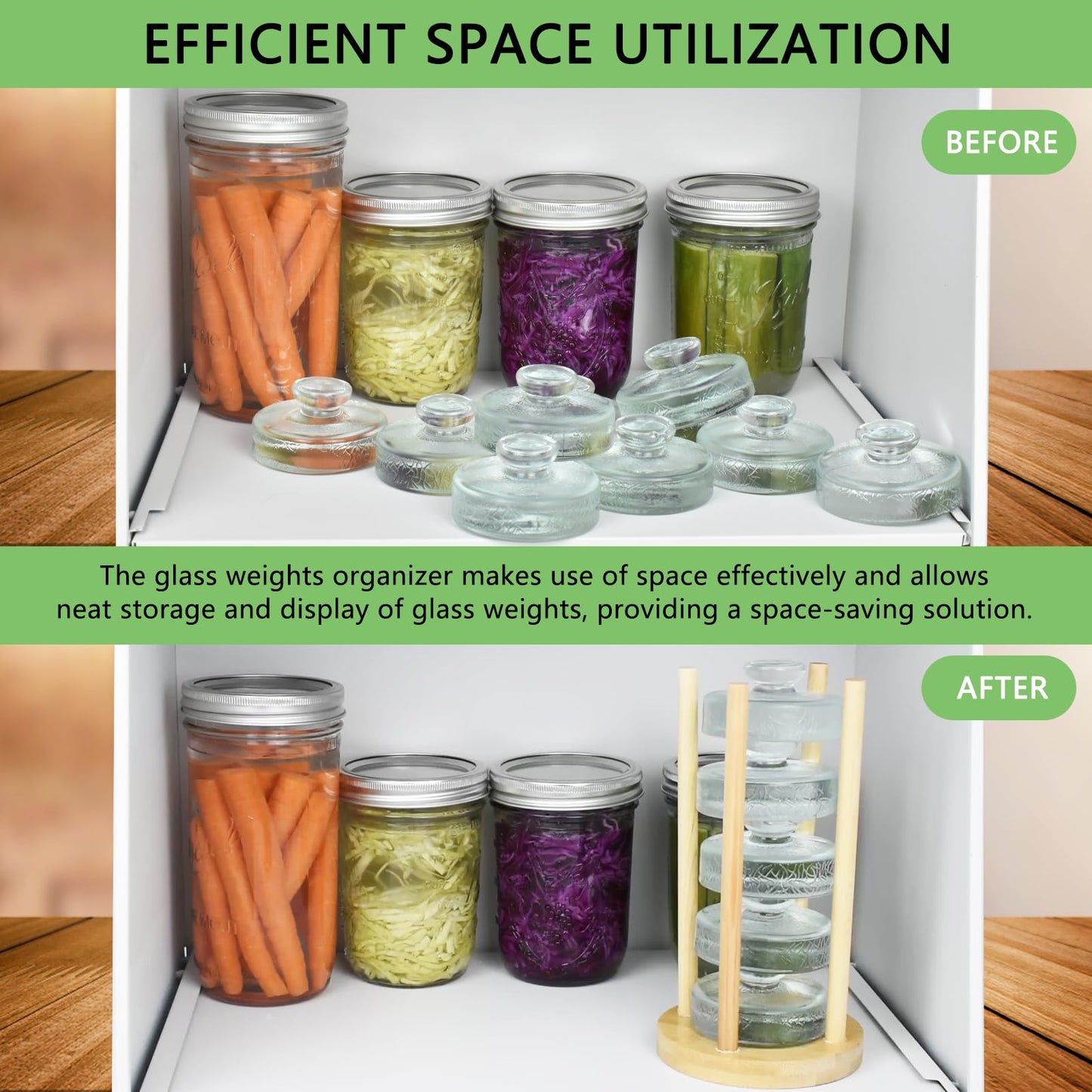 Artcome 5-Pack Glass Fermentation Weights with Easy Grip Handle and Unique Texture Design for Large Wide Mouth Mason Jars - Pickle Pebbles with Glass Weights Organizer - Space Saving Compact Design