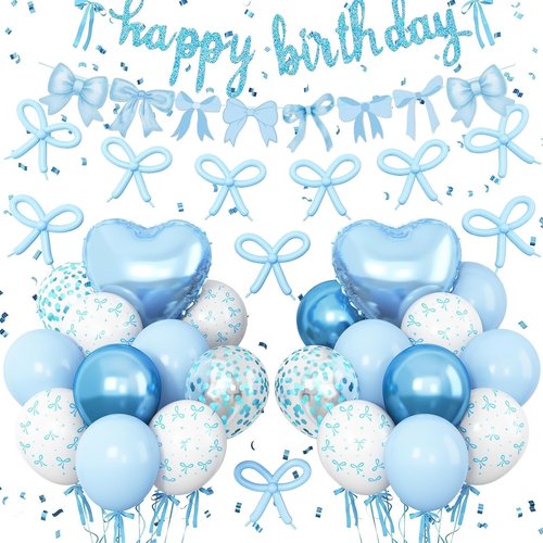 Blue Bow Birthday Decorations - Coquette Party Set with Happy Birthday Banner & Heart Foil Balloons