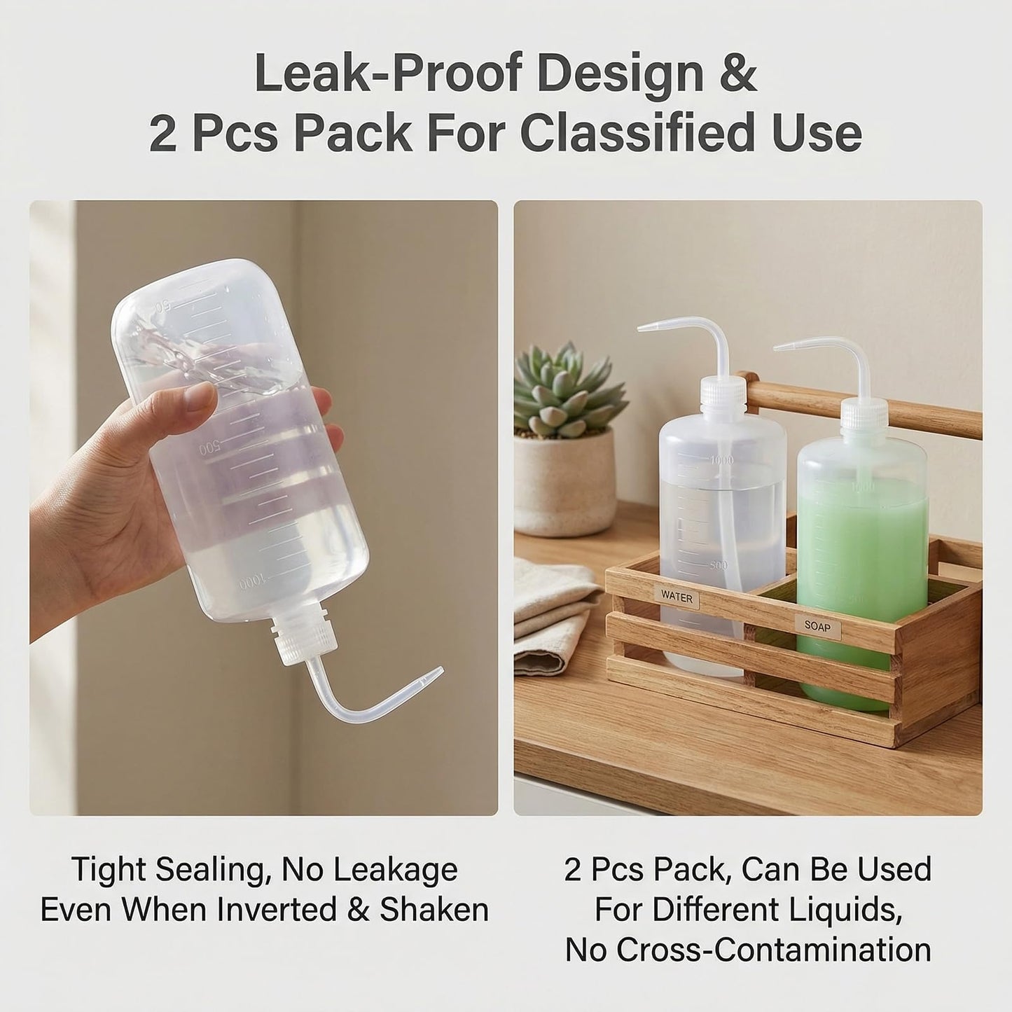 2PCS 1000ml/34 oz Plastic Squeeze Bottle With Measuring Refillable Bent Tip Wash Cleaning Liquids Water Storage Containers Pot Holder Portable Safety Garden Home Kitchen Supply (White)