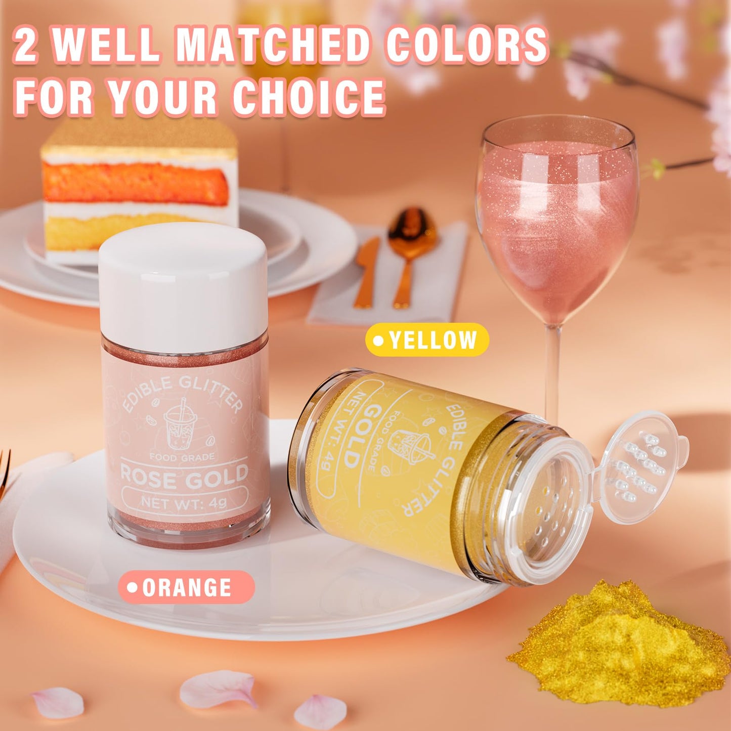 Cherrysea 2 Colors Edible Glitter Set Gold & Rose Drink Shimmer Powder Gluten Free Edible Glitter for Drinks Cocktails 4g/Bottle