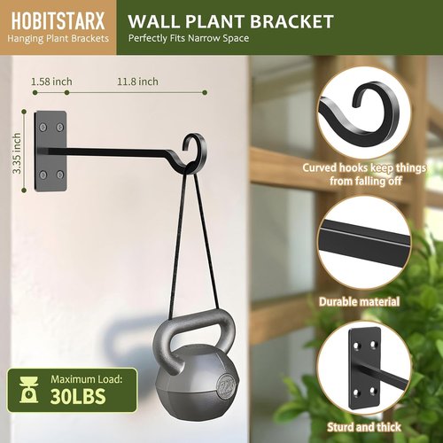 Heavy Duty Plant Hangers - Hand-Forged Wrought Iron Wall Hooks - 12 Inch Black Brackets for Outdoor Plants, Lanterns & Bird Feeders