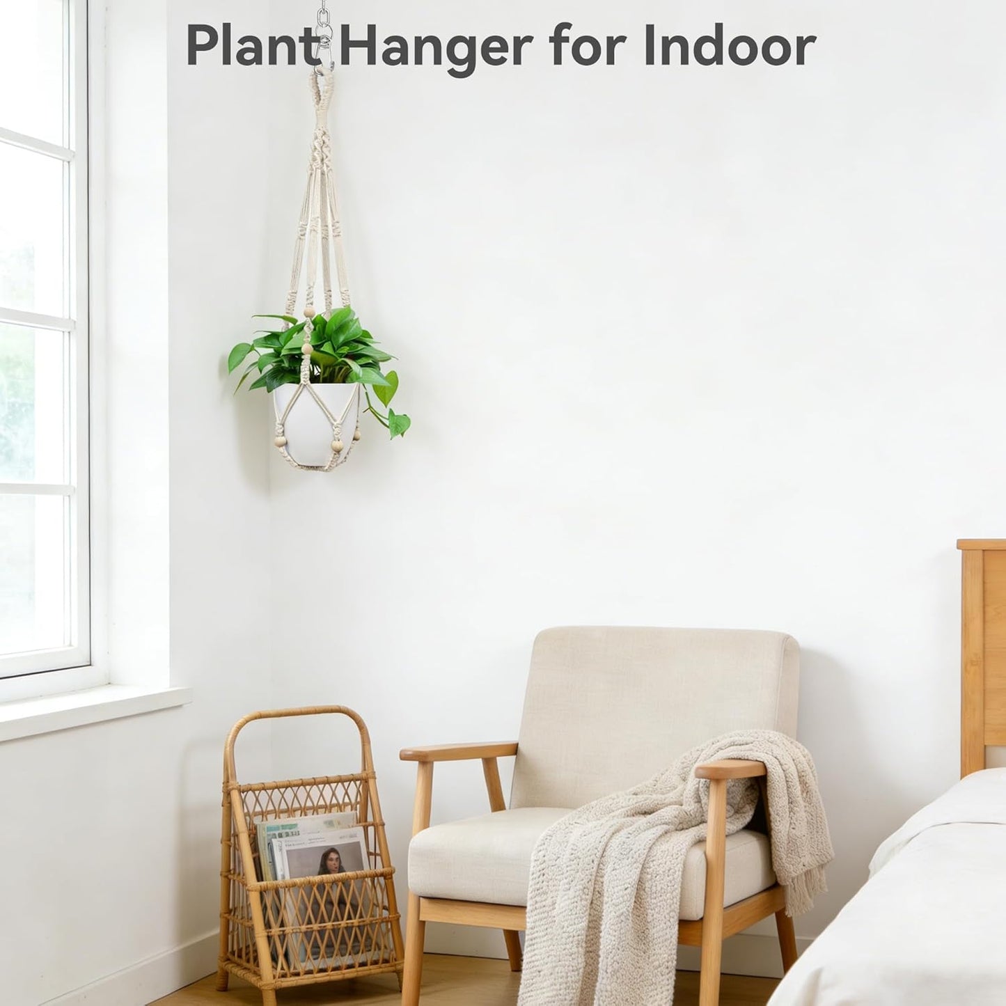 USLAI Macrame Plant Hanger - Strong Indoor/Outdoor Holder for 4 to 15 Inch Pots | 35 Inch Ivory Boho Decor