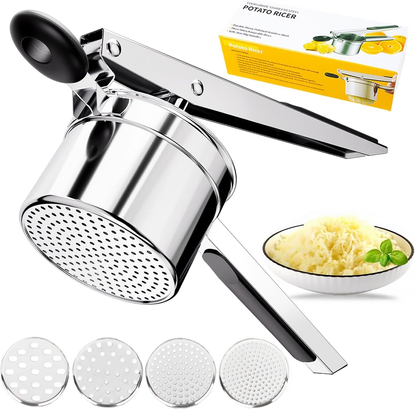 KAYCROWN Potato Ricer - Heavy Duty Stainless Steel Masher With 4 Discs for Perfect Mashed Potatoes