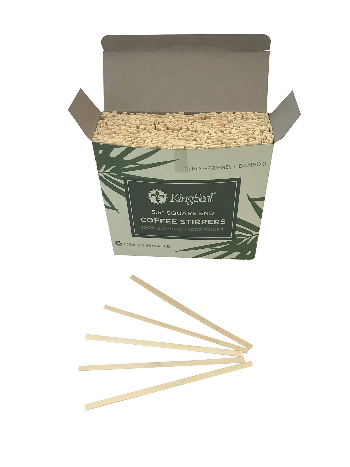 1000 Count | KingSeal Bamboo Coffee Stir Sticks, 5.5 inches, Square End, Stronger and Thicker Than Standard Wood, 100% Renewable and Biodegradable - 1 box of 1000 Stirrers