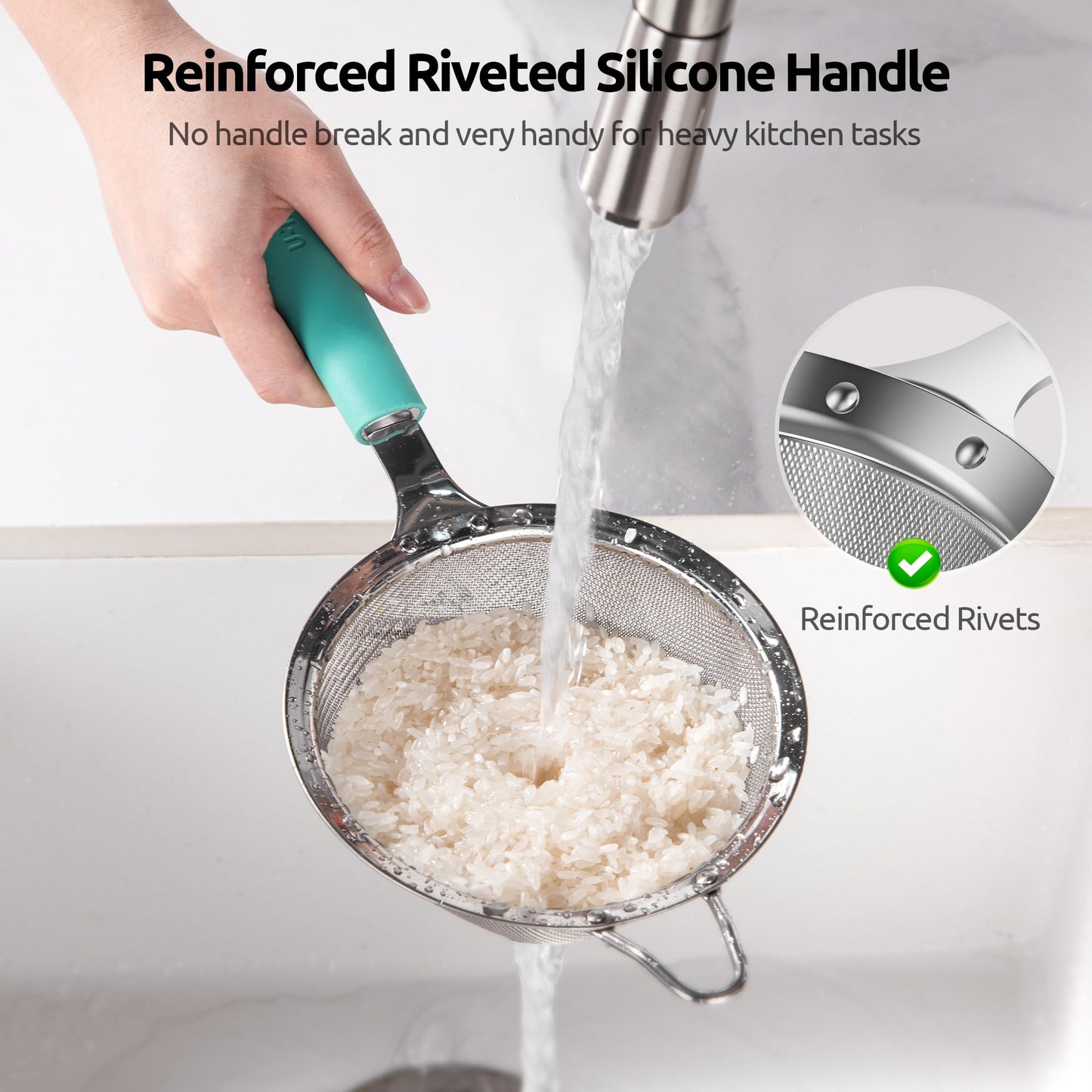 U-Taste Medium Fine Mesh Strainer: 18/8 Stainless Steel 4.73in 30 Mesh Kitchen Food Sieve with Sturdy Riveted Silicone Handle, Heavy Duty Deep Handheld Metal Colander for Rice, Quinoa, Flour(Aqua Sky)