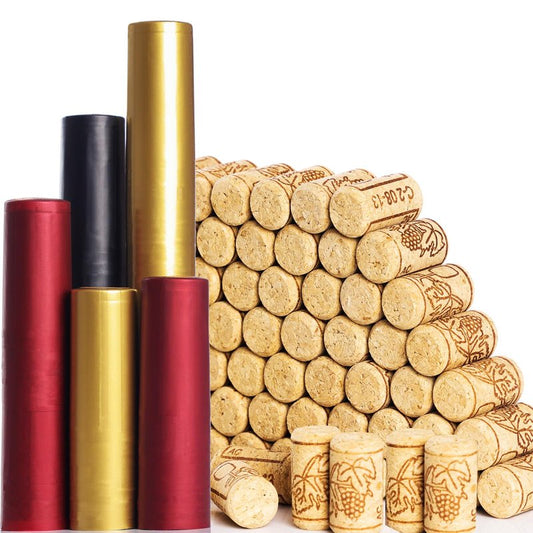 200 PCS Wine Bottle Corks and Seals, 100 Count Natural Wine Corks and 3 Colors (Red, Black, Gold) 100 Count PVC Heat Shrink Capsules for Wine Bottles, Size 8 Straight Cork Stopper